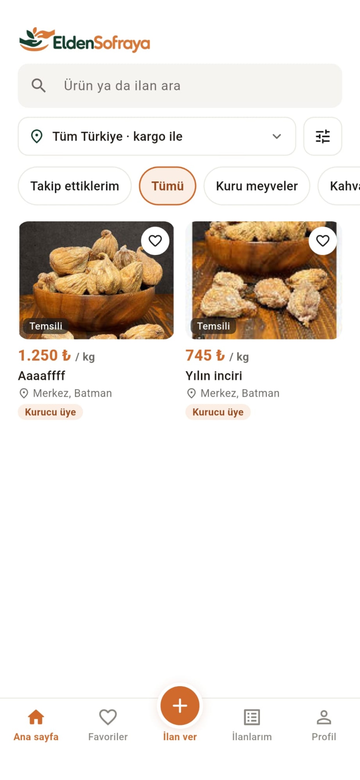 Elden Sofraya ana sayfa ekranı